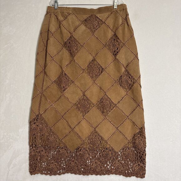 SMH Woman Suede Leather Lace Crochet Long Maxi Skirt Chestnut Brown Size 18 Boho - Picture 1 of 13